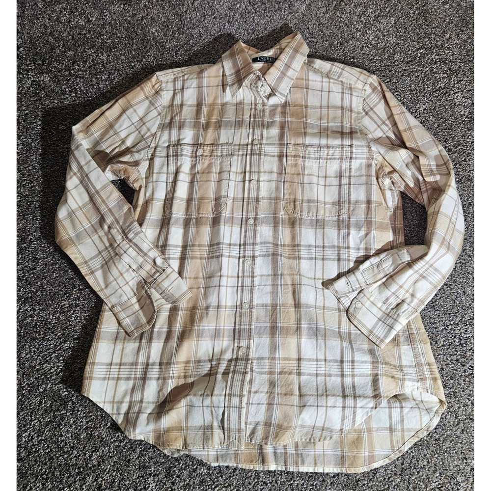 Lauren Ralph Lauren Womens Large Tan Plaid Button Down Shirt Long Sleeve Pockets